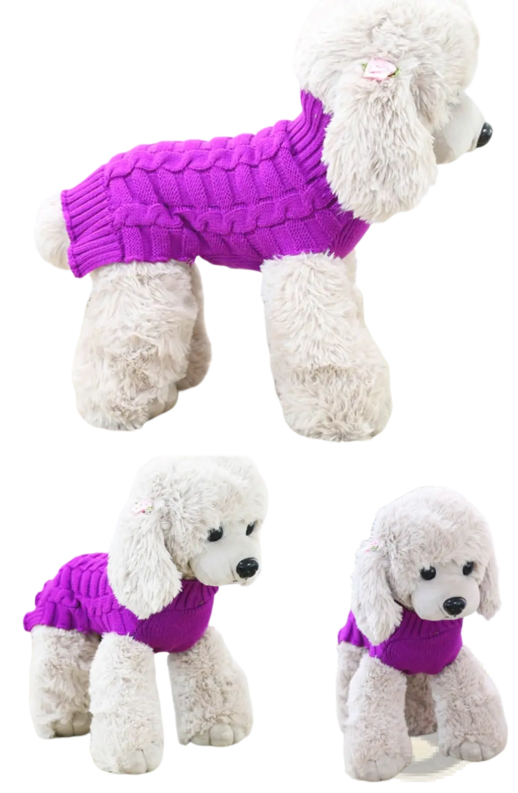 Purple cashmere twisted rope knitted sweater for poodle showing the back side of the dog sweater