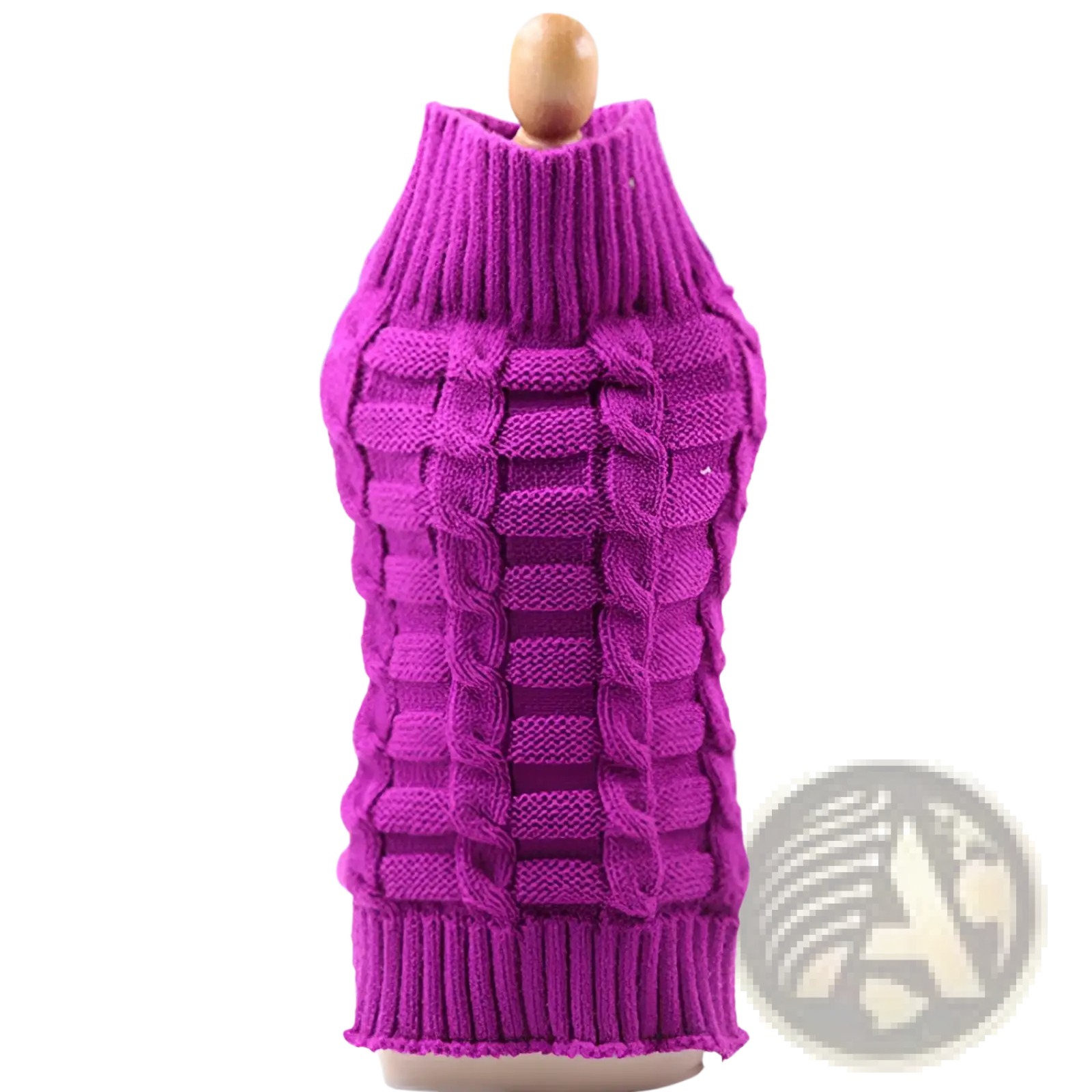 Vibrant magenta cashmere twisted rope dog sweater with high turtleneck and intricate cable knit pattern on mannequin