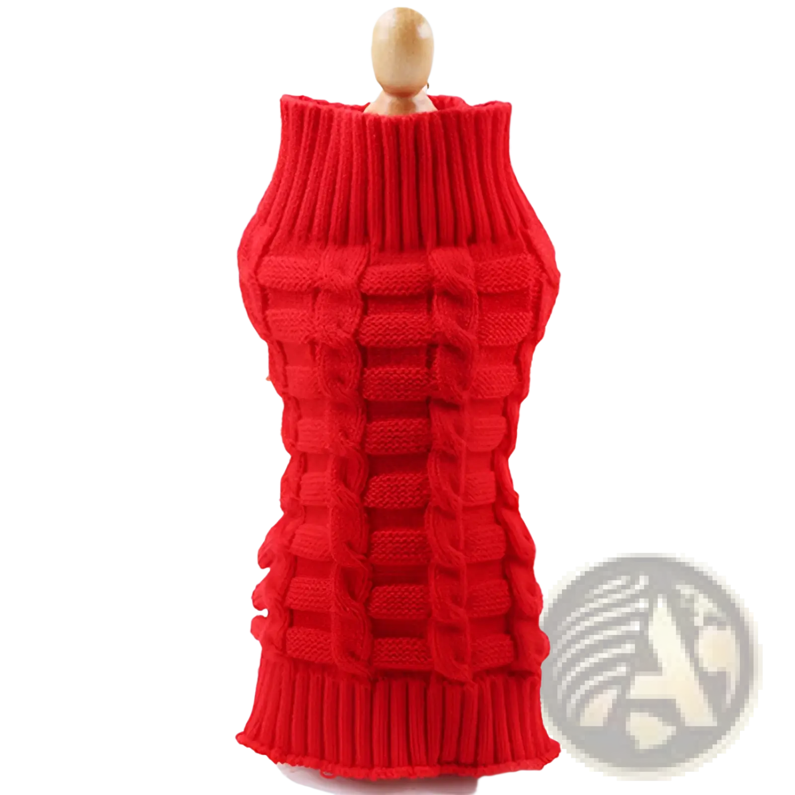 Red cashmere dog sweater with a twisted rope textured cable-knit pattern displayed on a mannequin outdoors