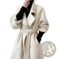 Cream-colored cashmere wool coat with belted waist and gold-toned buttons double faced belted overcoat
