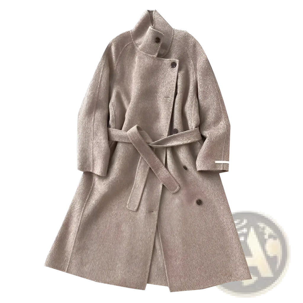Beige cashmere wool trench coat with belted waist and dark buttons double faced overcoat