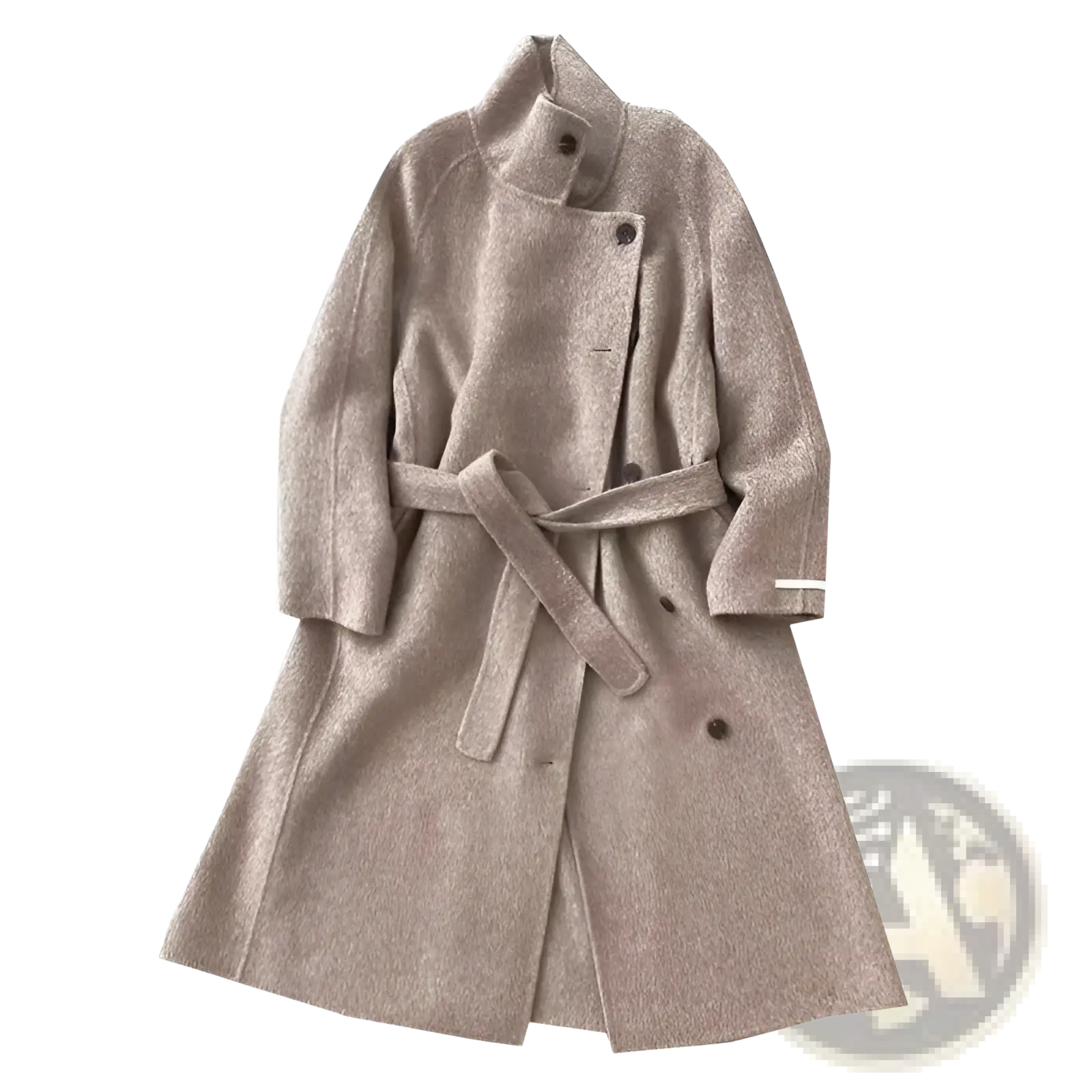 Beige cashmere wool trench coat with belted waist and dark buttons double faced overcoat