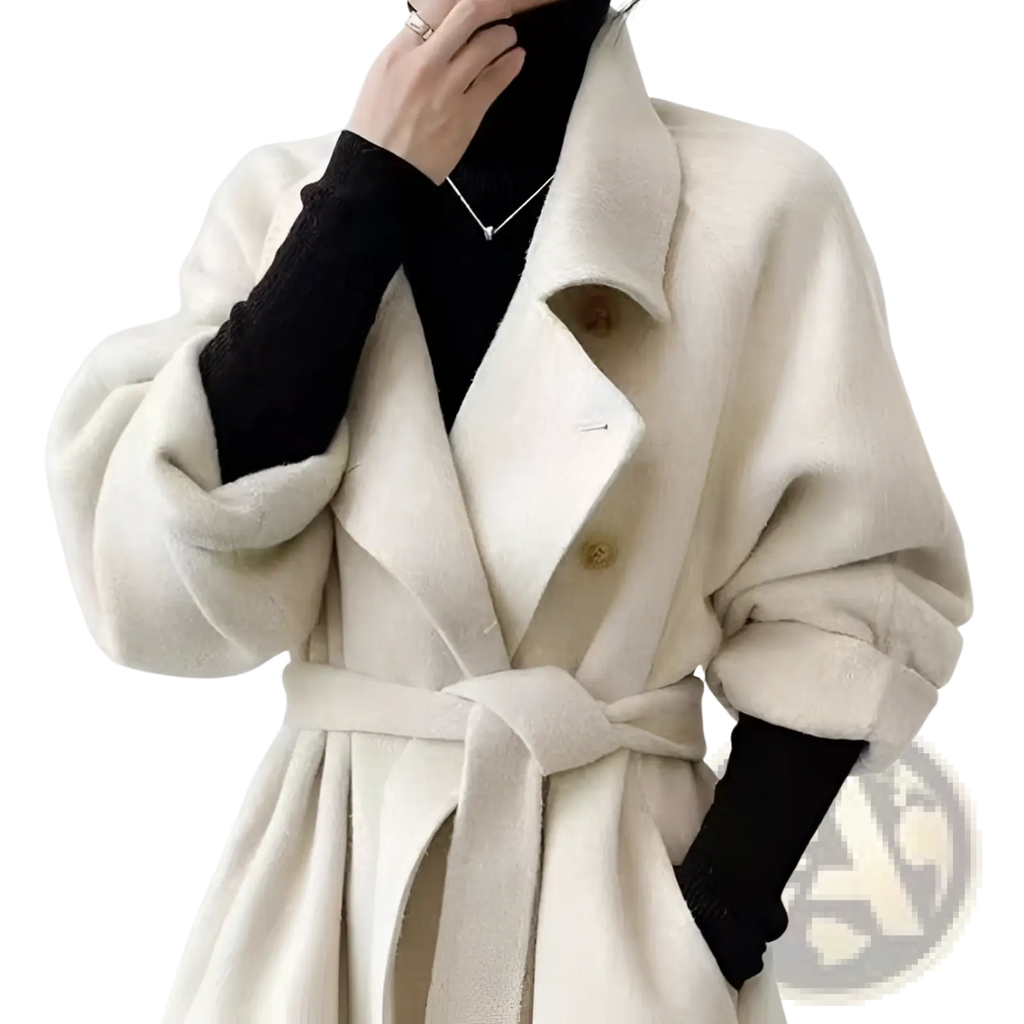 Cream-colored cashmere wool coat with double faced fabric, belted waist, and gold-toned buttons front view