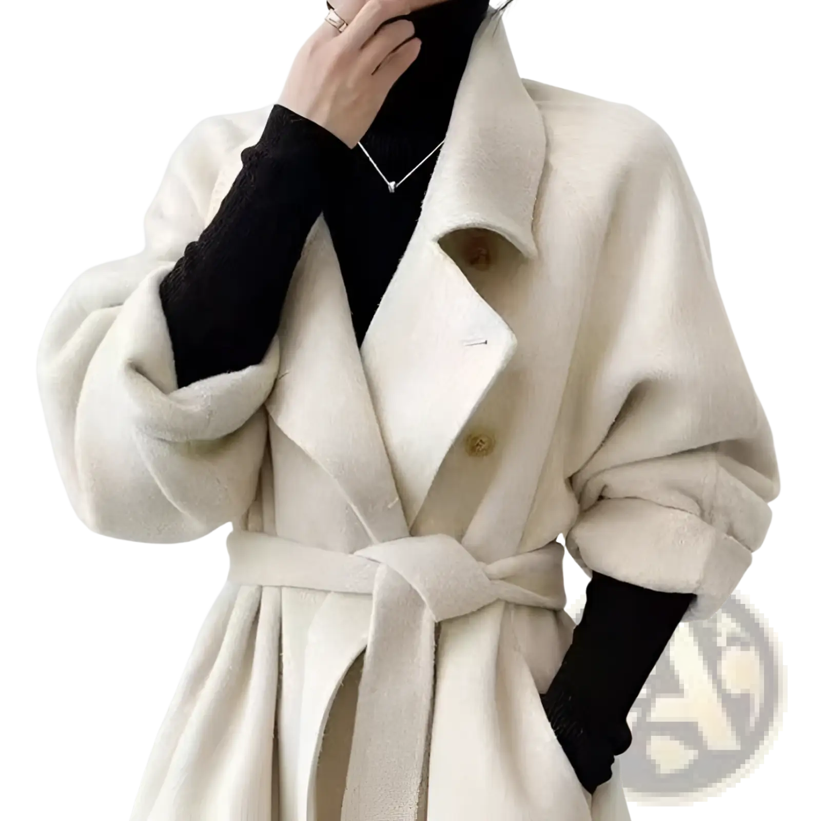 Cream-colored cashmere wool coat with double faced fabric, belted waist, and gold-toned buttons front view