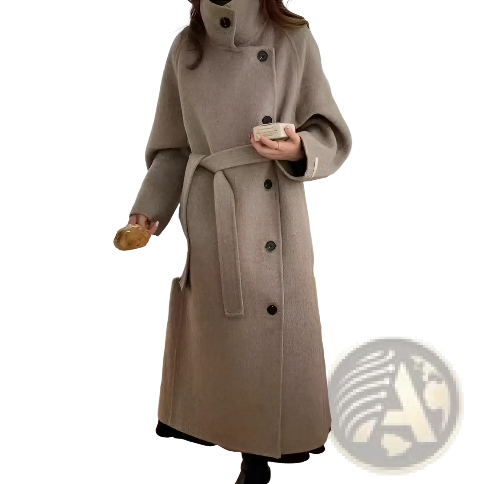 A cozy beige cashmere wool double faced belted overcoat with high collar for stylish warmth and comfort