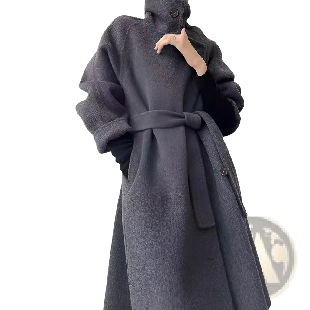 Dark gray cashmere wool coat with belted waist and high collar double faced belted overcoat for cold weather