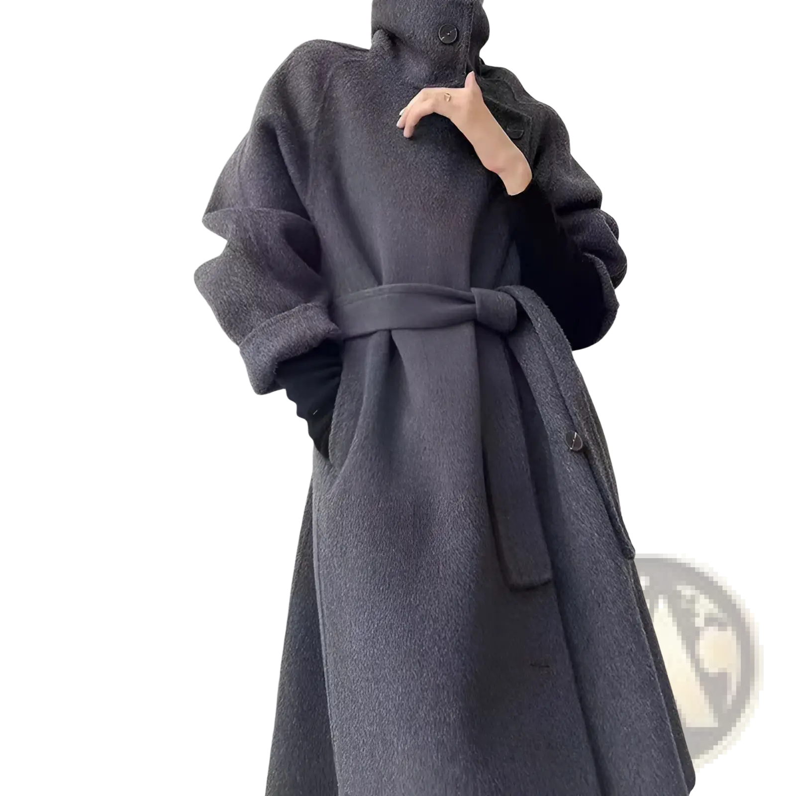 Dark gray cashmere wool coat with belted waist and high collar double faced belted overcoat for cold weather