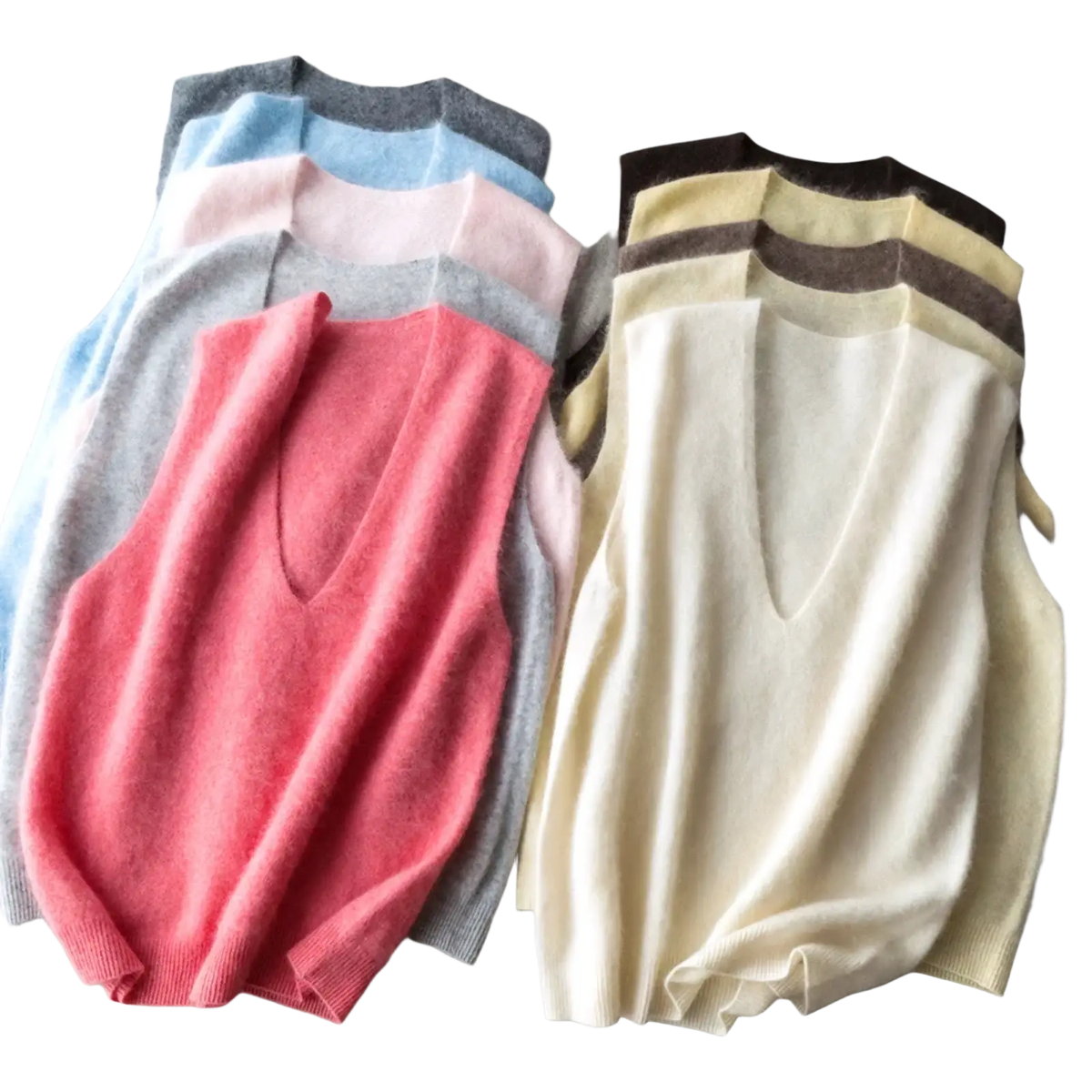 A collection of soft pastel and neutral cashmere wool v-neck sleeveless sweater vests in knitted fabric