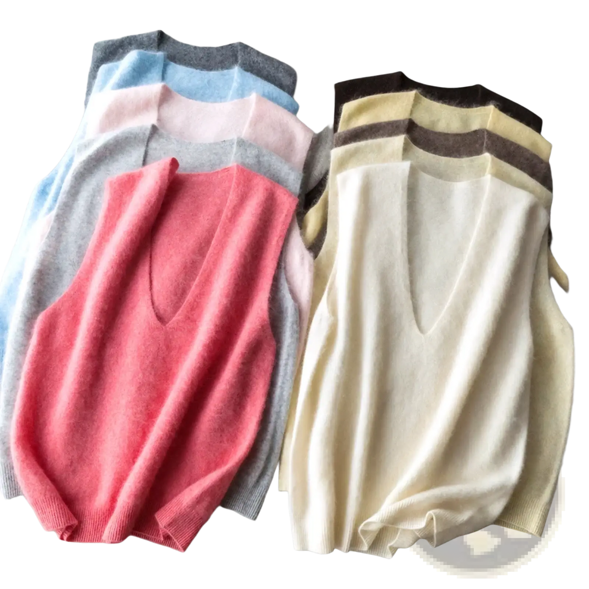 A collection of soft pastel and neutral cashmere wool v-neck sleeveless sweater vests in knitted fabric