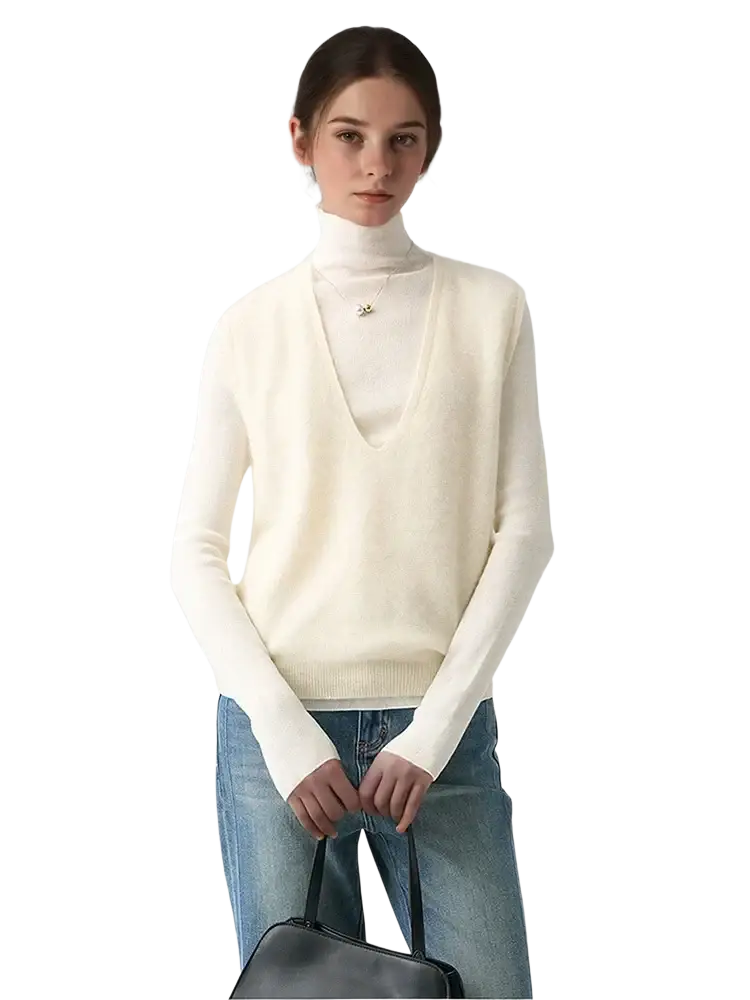 Cream-colored long-sleeved v-neck sweater made of soft cashmere wool knit fabric for elegant layering and warmth