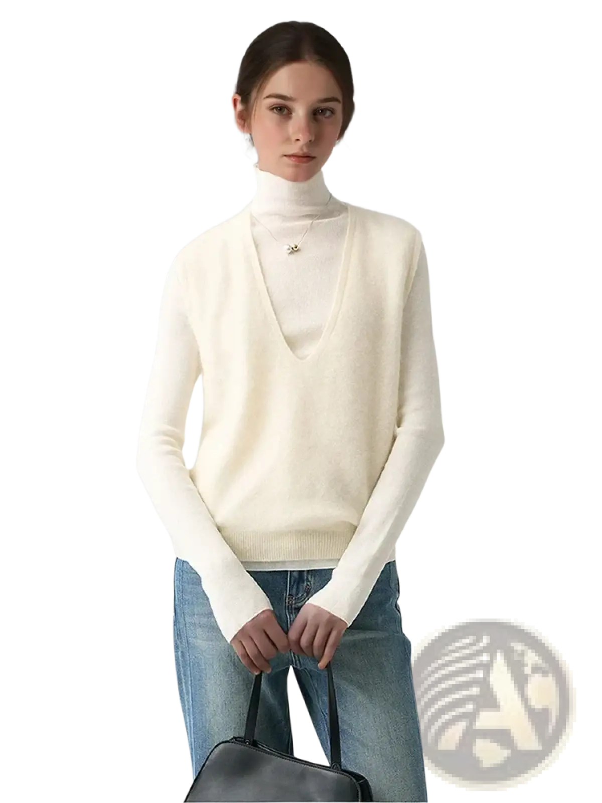 Cream-colored long-sleeved v-neck sweater made of soft cashmere wool knit fabric for elegant layering and warmth