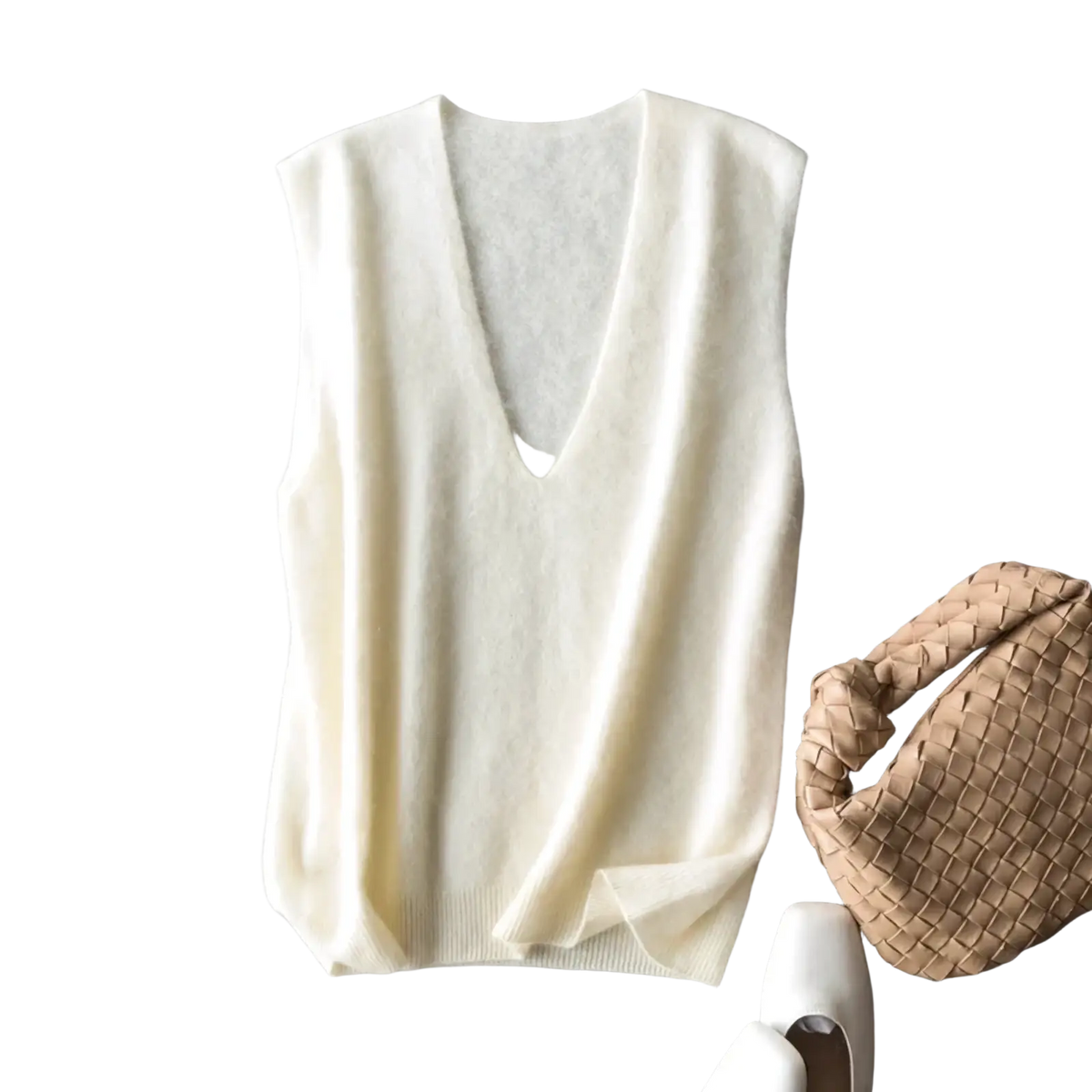 Cream-colored cashmere wool v-neck sleeveless sweater vest in soft knit fabric for layering and comfort