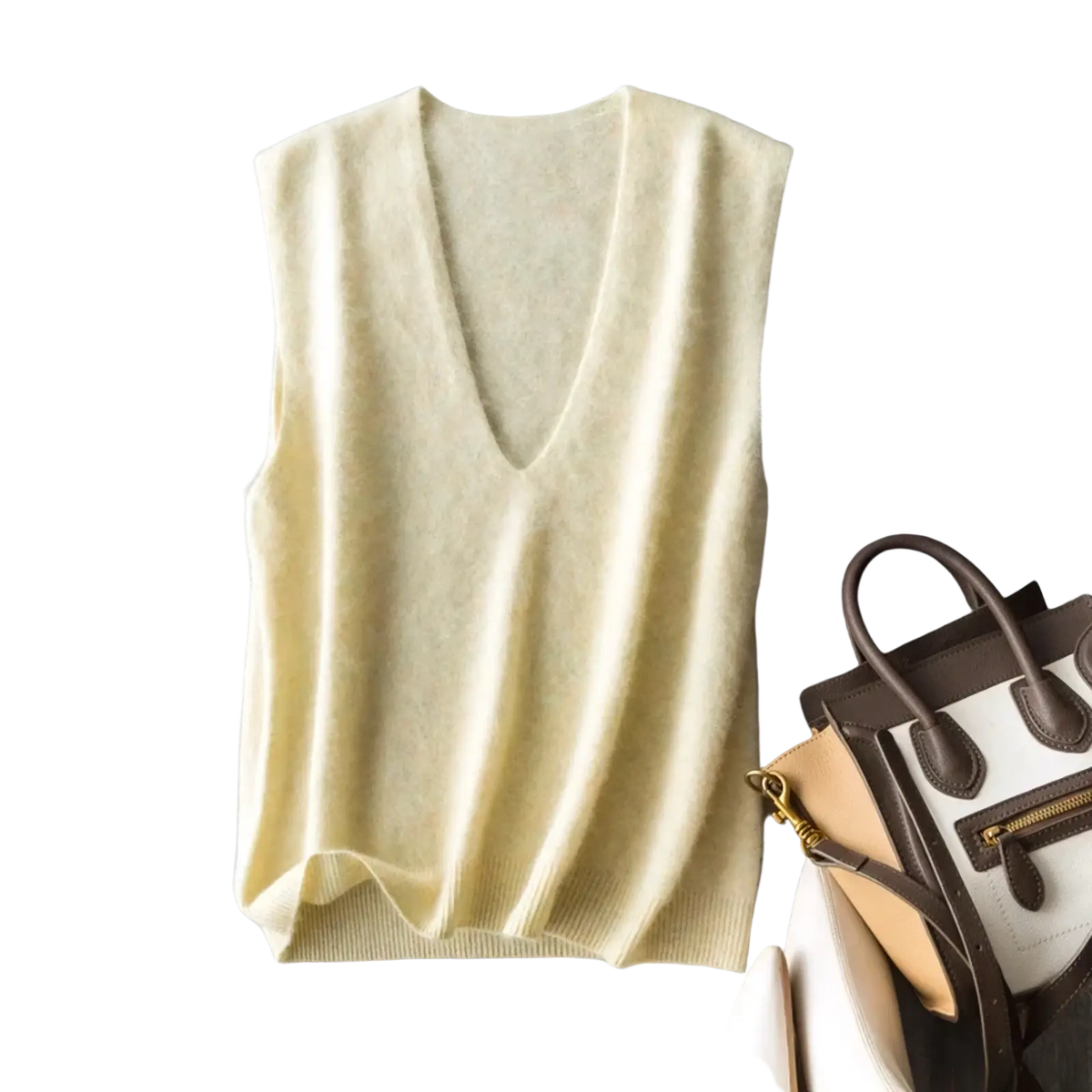 Cream-colored soft-knit cashmere wool v-neck sleeveless sweater vest for layering and stylish comfort