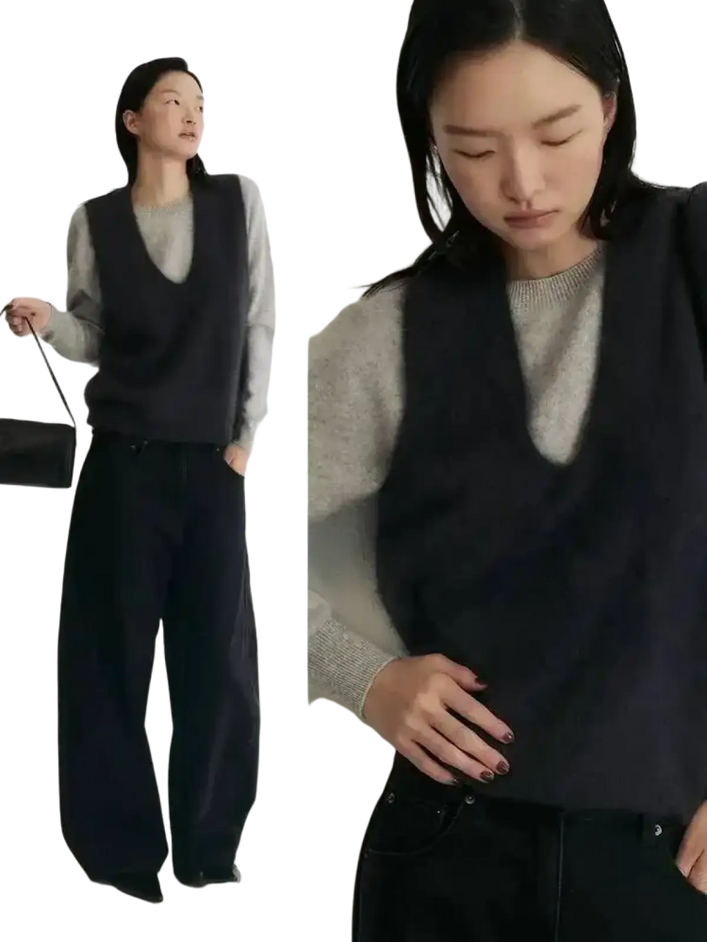 Dark navy cashmere wool v-neck sweater vest with soft textured fabric worn over light gray sweater