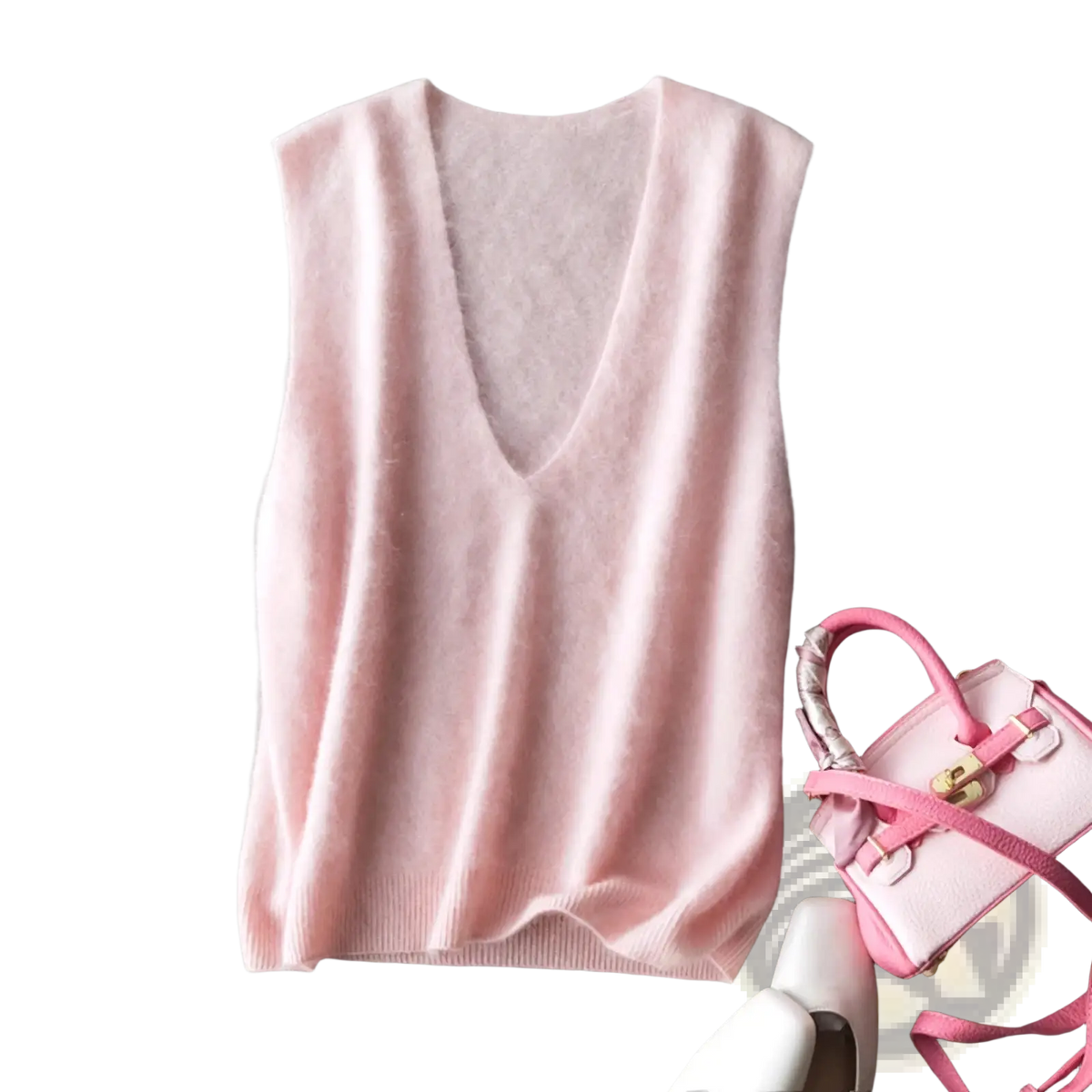 A soft pink cashmere wool v-neck sweater vest with a deep neckline and ribbed hem for elegant layering