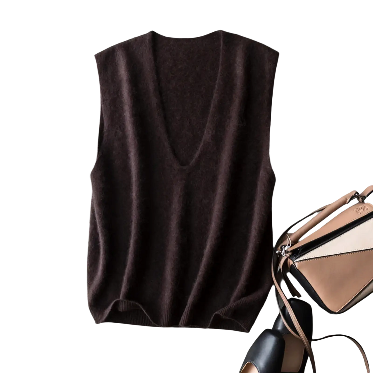 A soft dark brown cashmere wool v-neck sweater vest with a deep neckline and ribbed hem