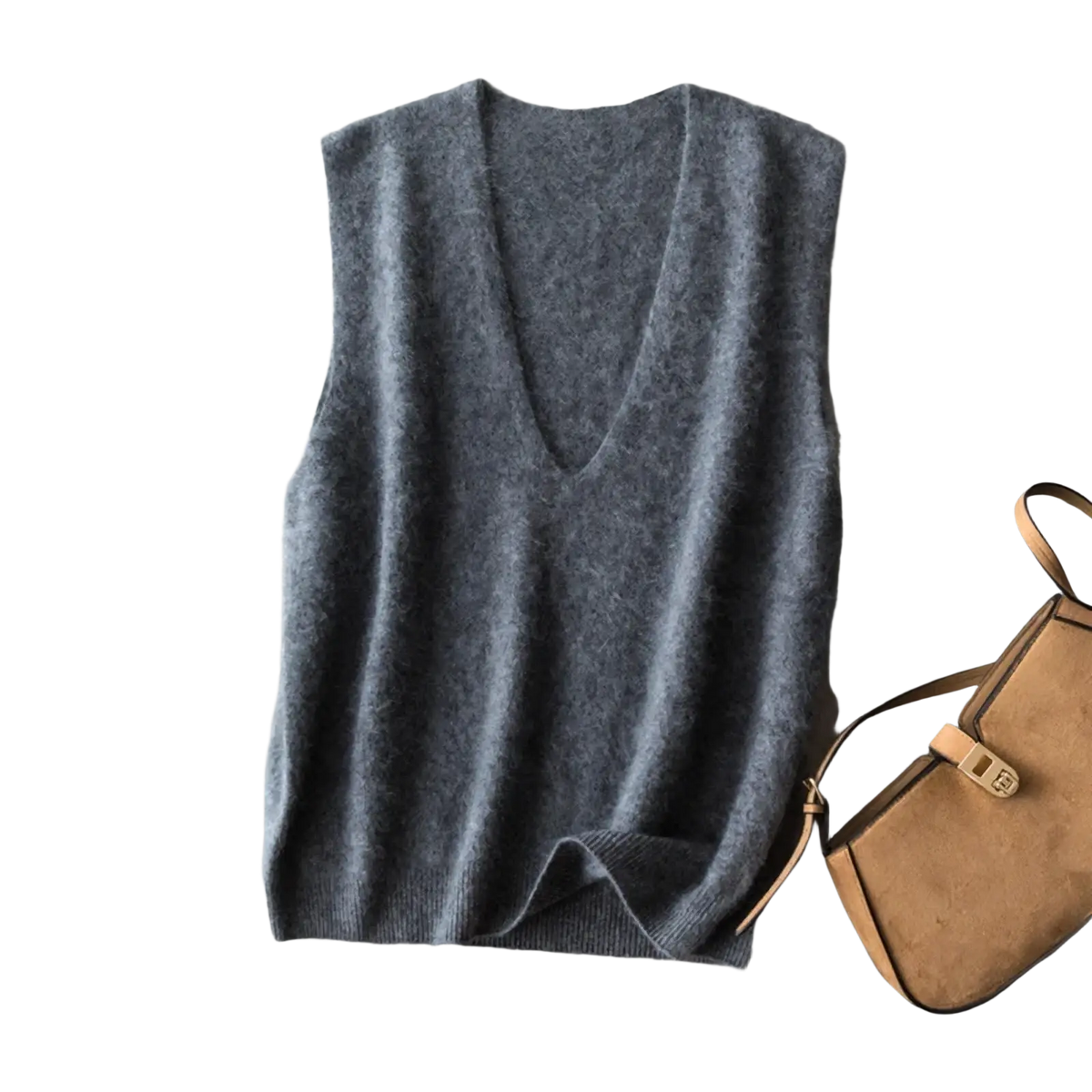 A soft dark gray cashmere wool v-neck sweater vest with a deep v-neckline and ribbed hem