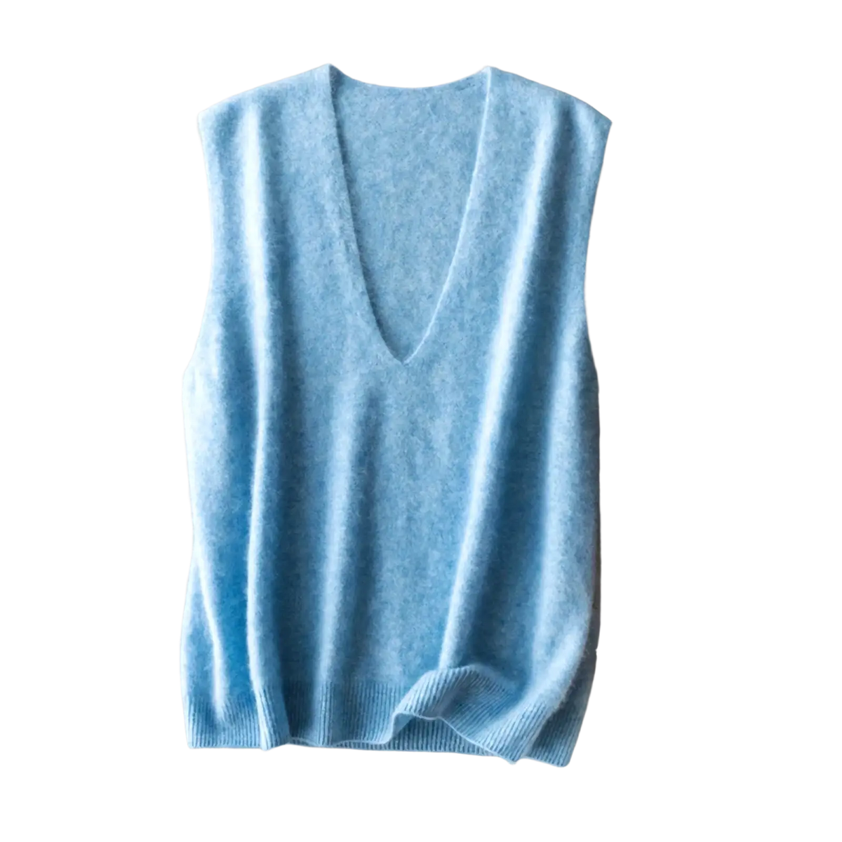 A soft light blue cashmere wool v-neck sweater vest with ribbed hem ideal for layering in cool weather