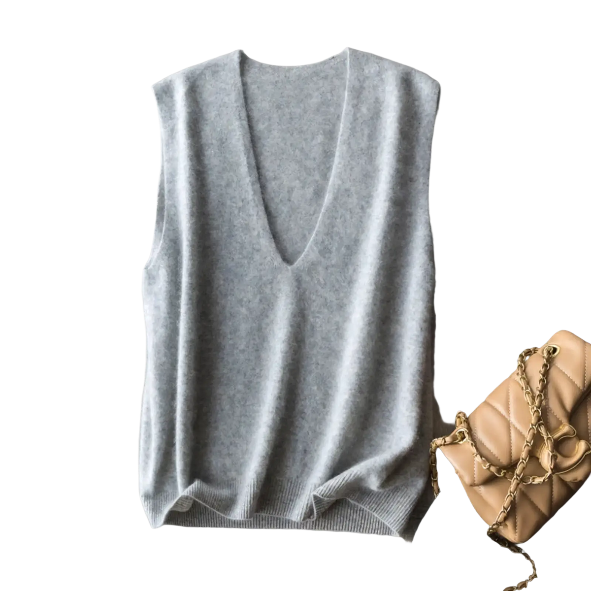 A soft light gray cashmere wool v-neck sweater vest with a deep v-neck and ribbed hem for elegant layering