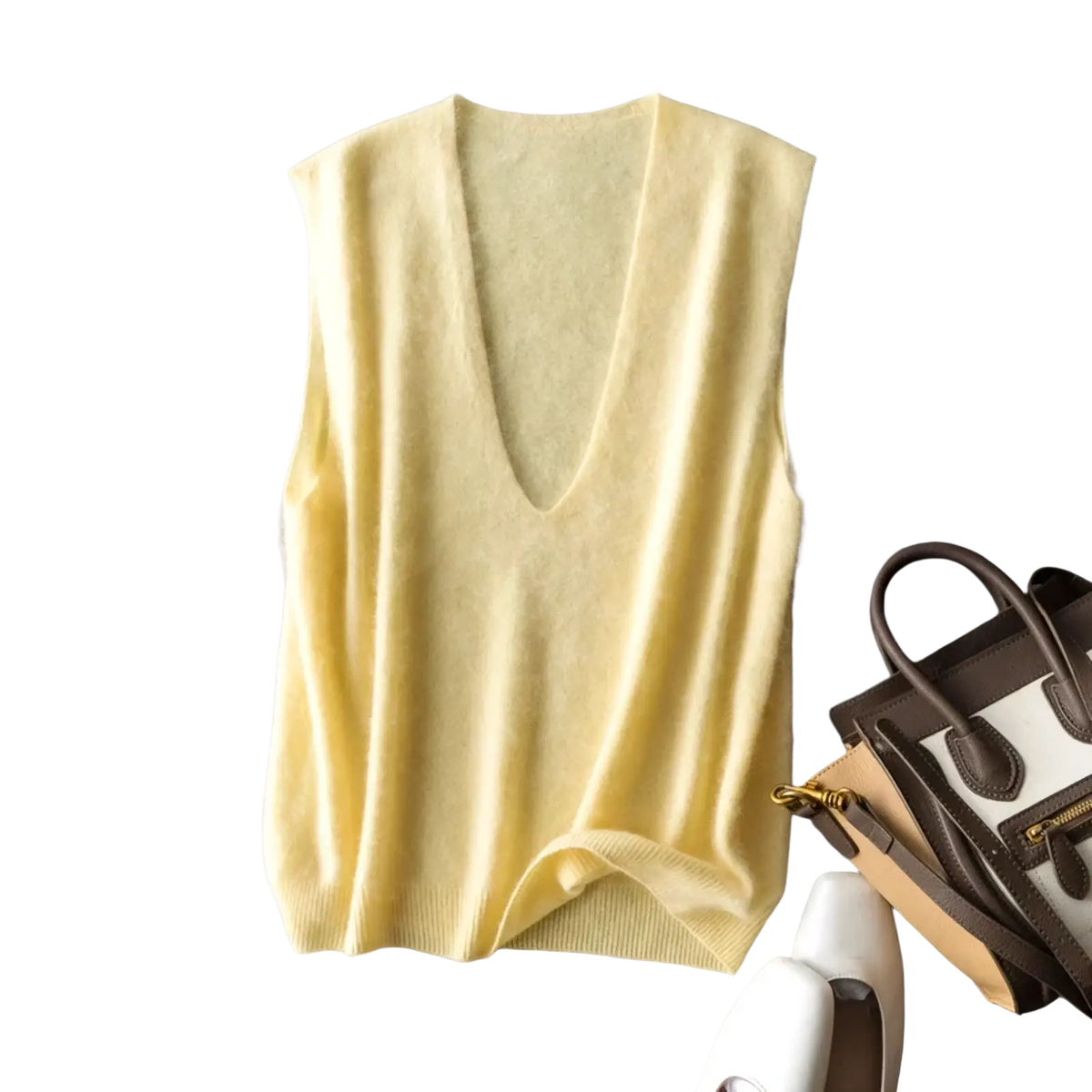 A soft pale yellow cashmere wool v neck sweater vest with ribbed hem for elegant layering and comfort