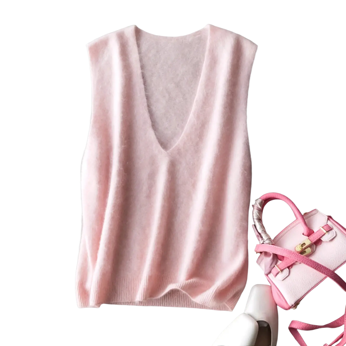 A soft pink cashmere wool v-neck sweater vest with a deep neckline and ribbed hem for elegant layering