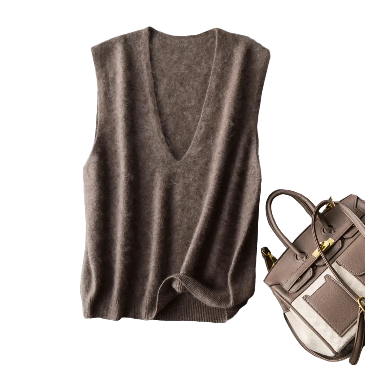 A soft taupe-colored cashmere wool v-neck sweater vest with ribbed hem and deep neckline