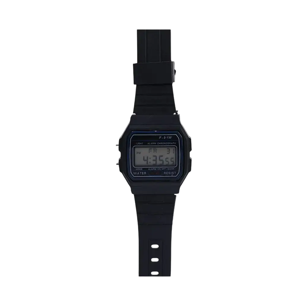 Casio F91w digital watch black with rectangular case rubber strap simple display showing time and day
