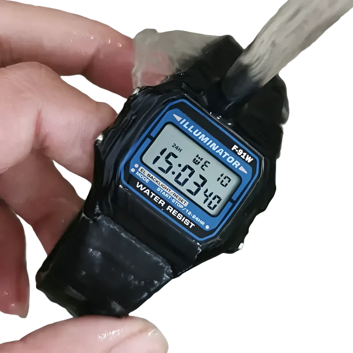 Black Casio F91w digital sports wristwatch with blue accents and a square face designed for durability and style