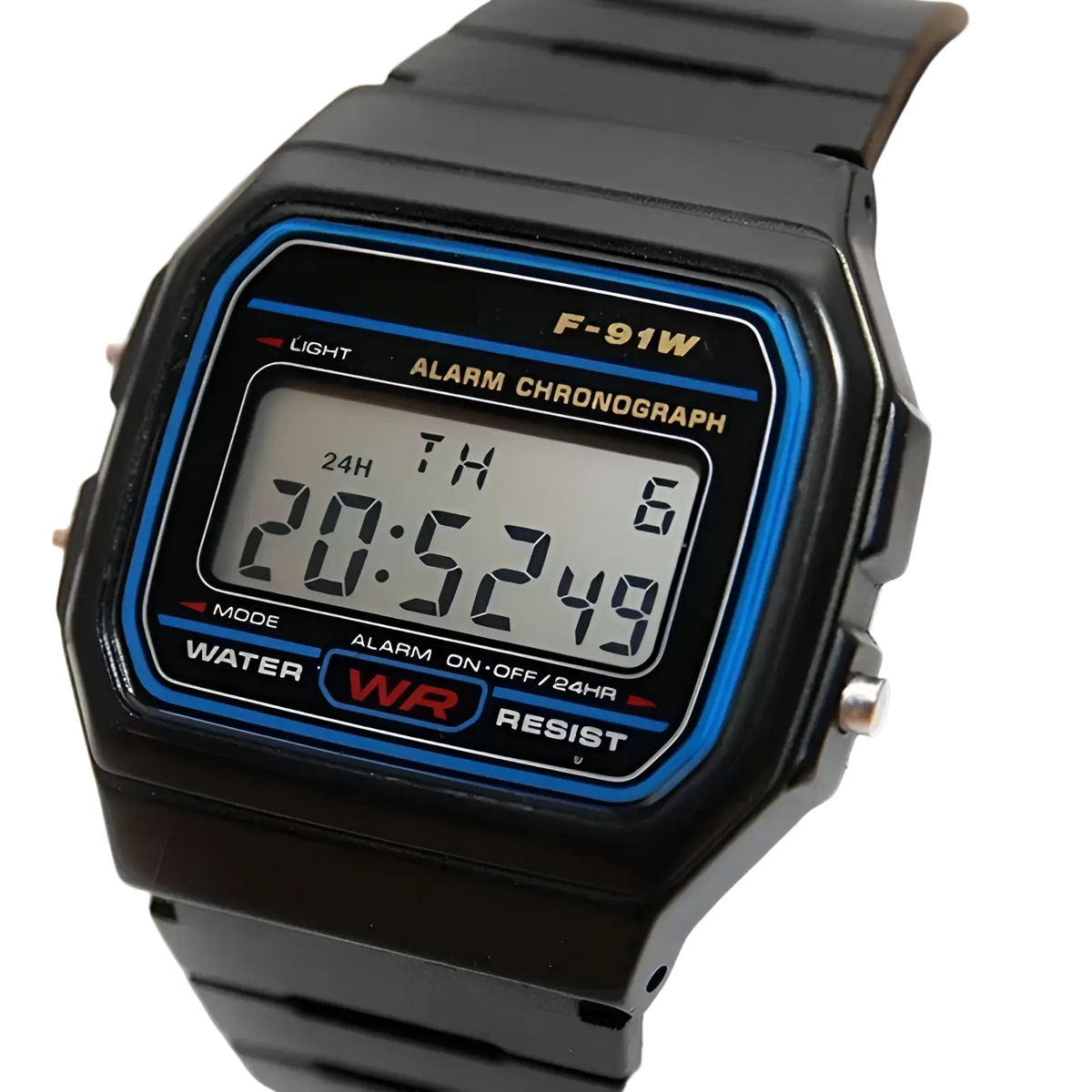 Casio F91w digital watch black with blue trim features a rectangular face for sports wristwatch use