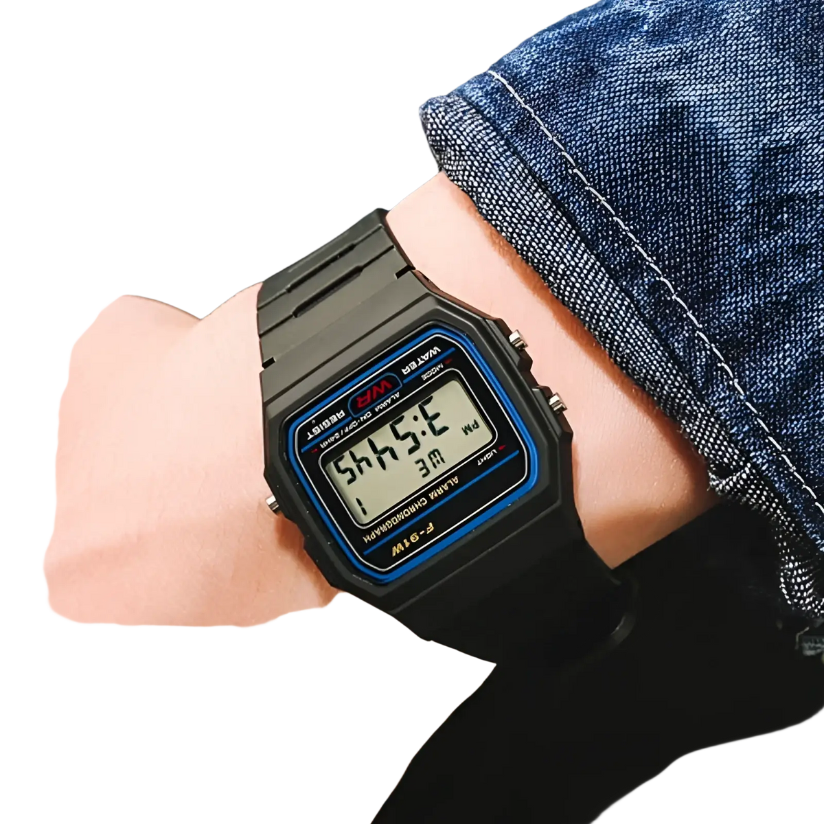 Black Casio F91w digital watch with blue-accented rectangular face and black strap featuring retro styling