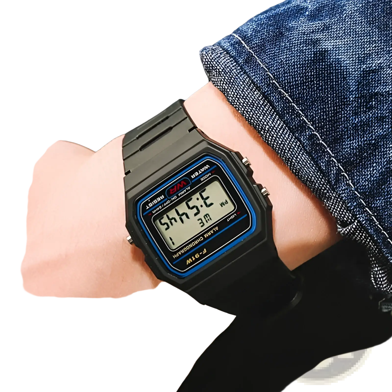 Black Casio F91w digital watch with blue-accented rectangular face and black strap featuring retro styling