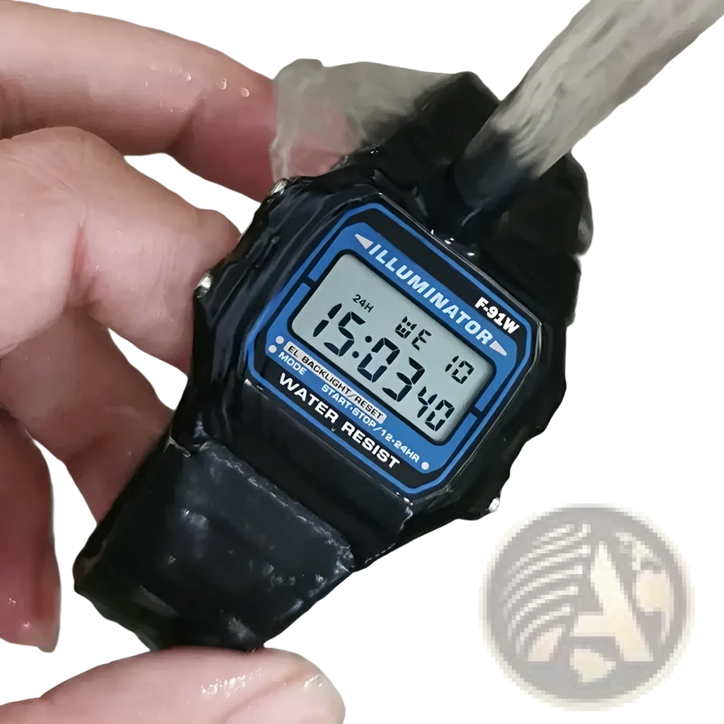 Black Casio F91w digital sports wristwatch with blue accents and a square face designed for durability and style