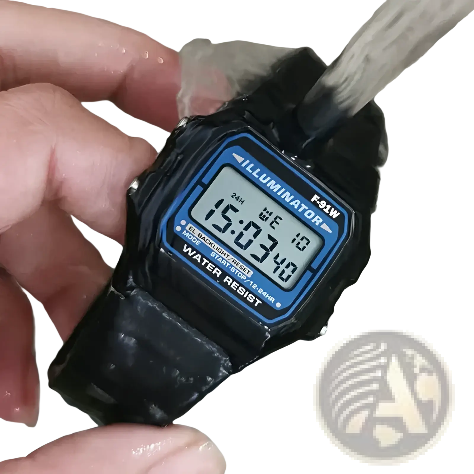Black Casio F91w digital sports wristwatch with blue accents and a square face designed for durability and style