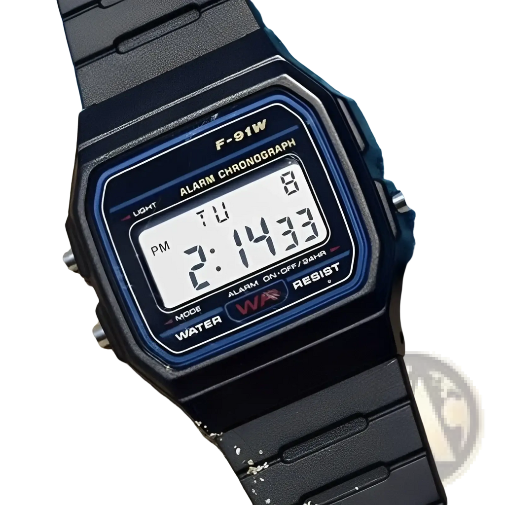 Black Casio F91w digital sports wristwatch with blue bezel and white display showing 2:14 pm time
