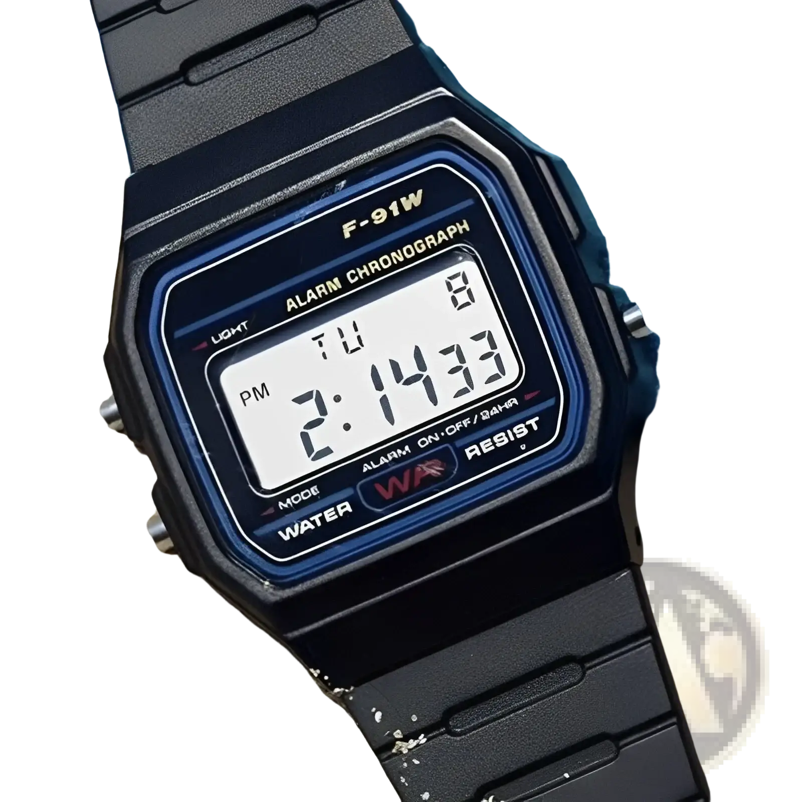 Black Casio F91w digital sports wristwatch with blue bezel and white display showing 2:14 pm time