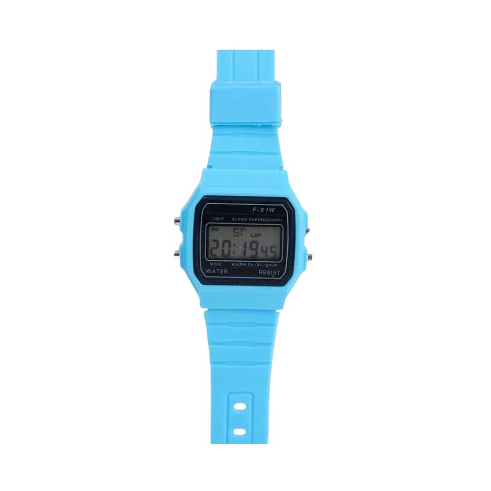 Light blue Casio F91w digital watch with rectangular face and matching silicone strap for sports use