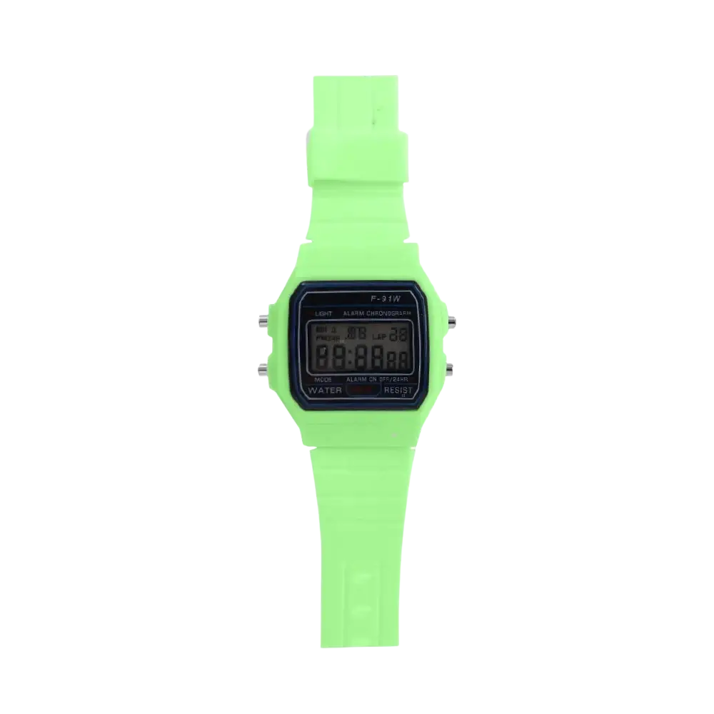 Casio F91w digital watch with lime green rectangular face and matching silicone strap for sports use