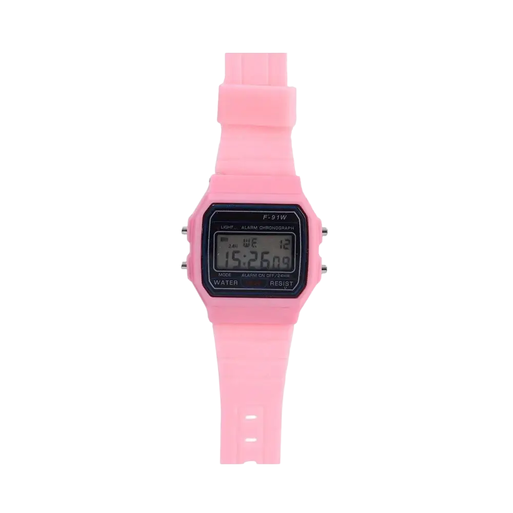 Pink casio f91w digital watch with rectangular face and matching silicone strap for sports use