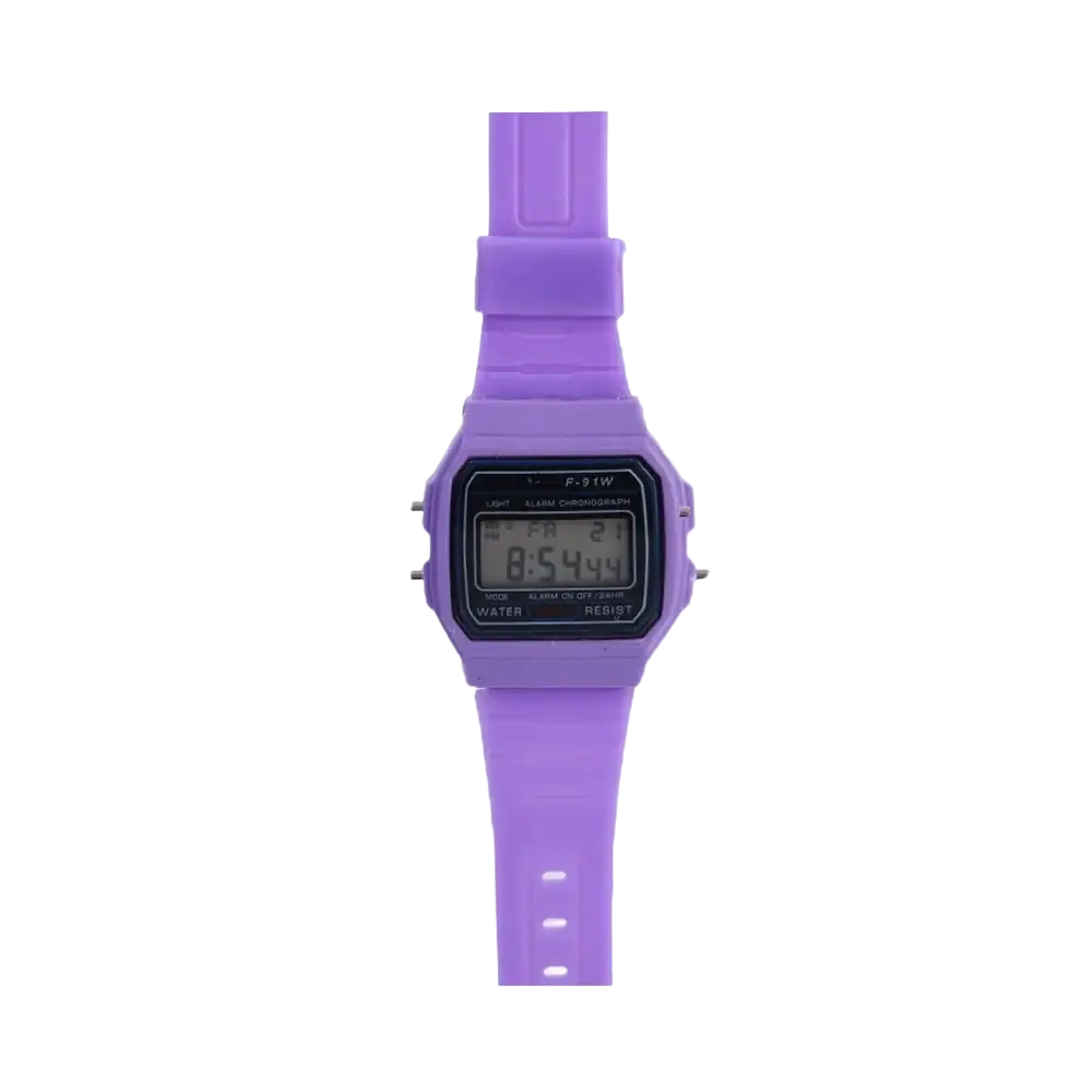 Casio F91w digital watch in purple with rectangular face and matching silicone strap for sports use