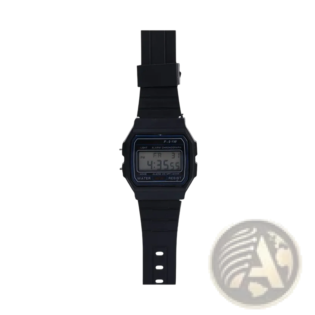 Casio F91w digital watch black with rectangular case rubber strap simple display showing time and day