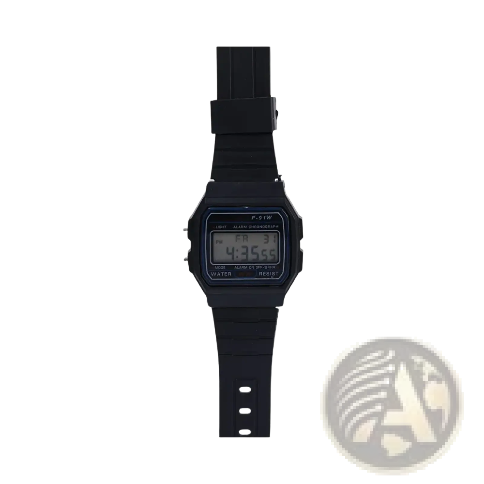 Casio F91w digital watch black with rectangular case rubber strap simple display showing time and day