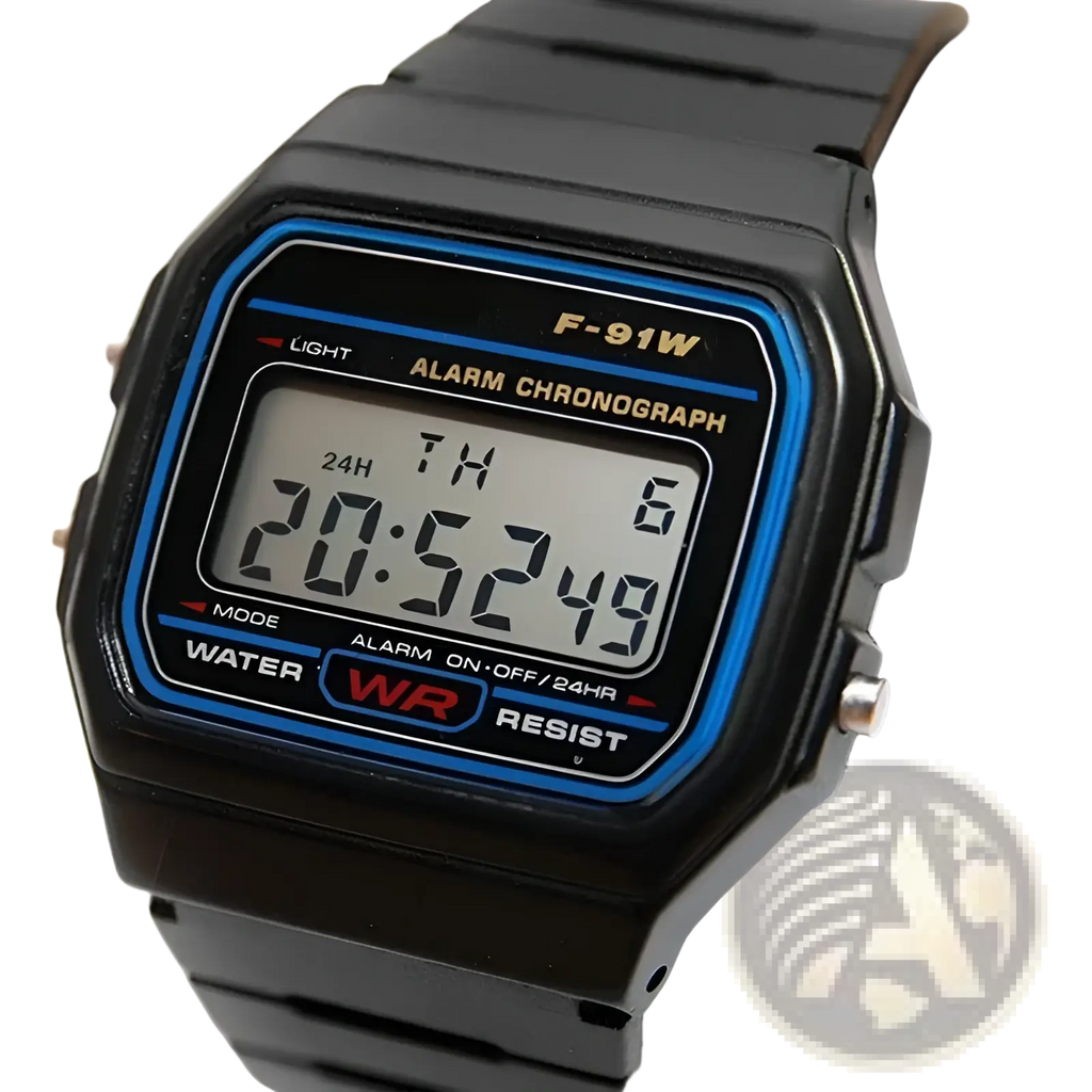 Casio F91w digital watch black with blue trim features a rectangular face for sports wristwatch use