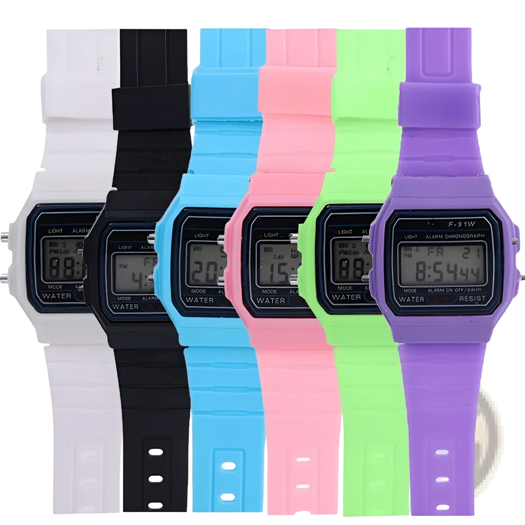 Casio F91w digital watch black with blue colorful silicone strap and black casing for sports use