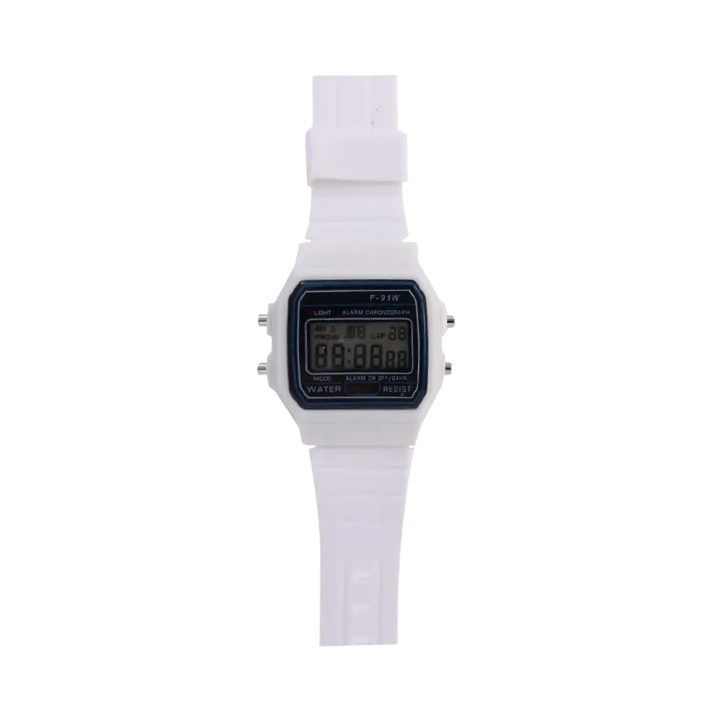 A white casio f91w digital watch with a rectangular face black display and silver-tone buttons for sports use
