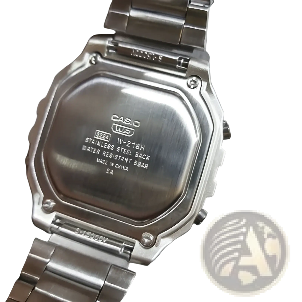 Silver stainless steel casio w-218h digital watch with rugged rectangular case and linked bracelet for durability
