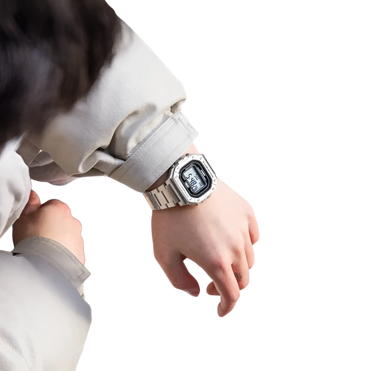 Casio silver digital watch W-218hd-1a with rectangular face and stainless steel metallic band