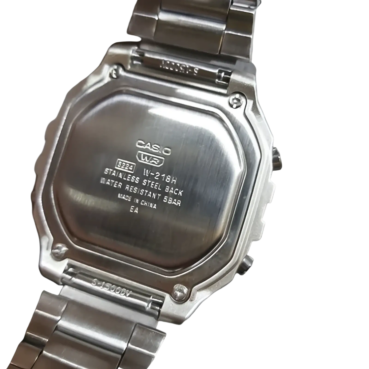 Silver stainless steel casio w-218h digital watch with rugged rectangular case and linked bracelet for durability