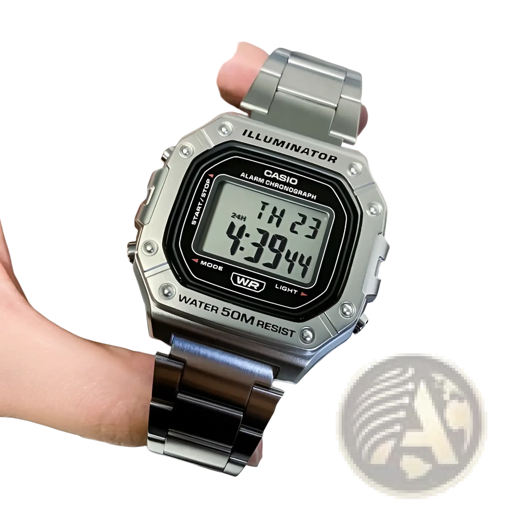 Casio silver digital watch w-218hd-1a with black rectangular display and stainless steel case