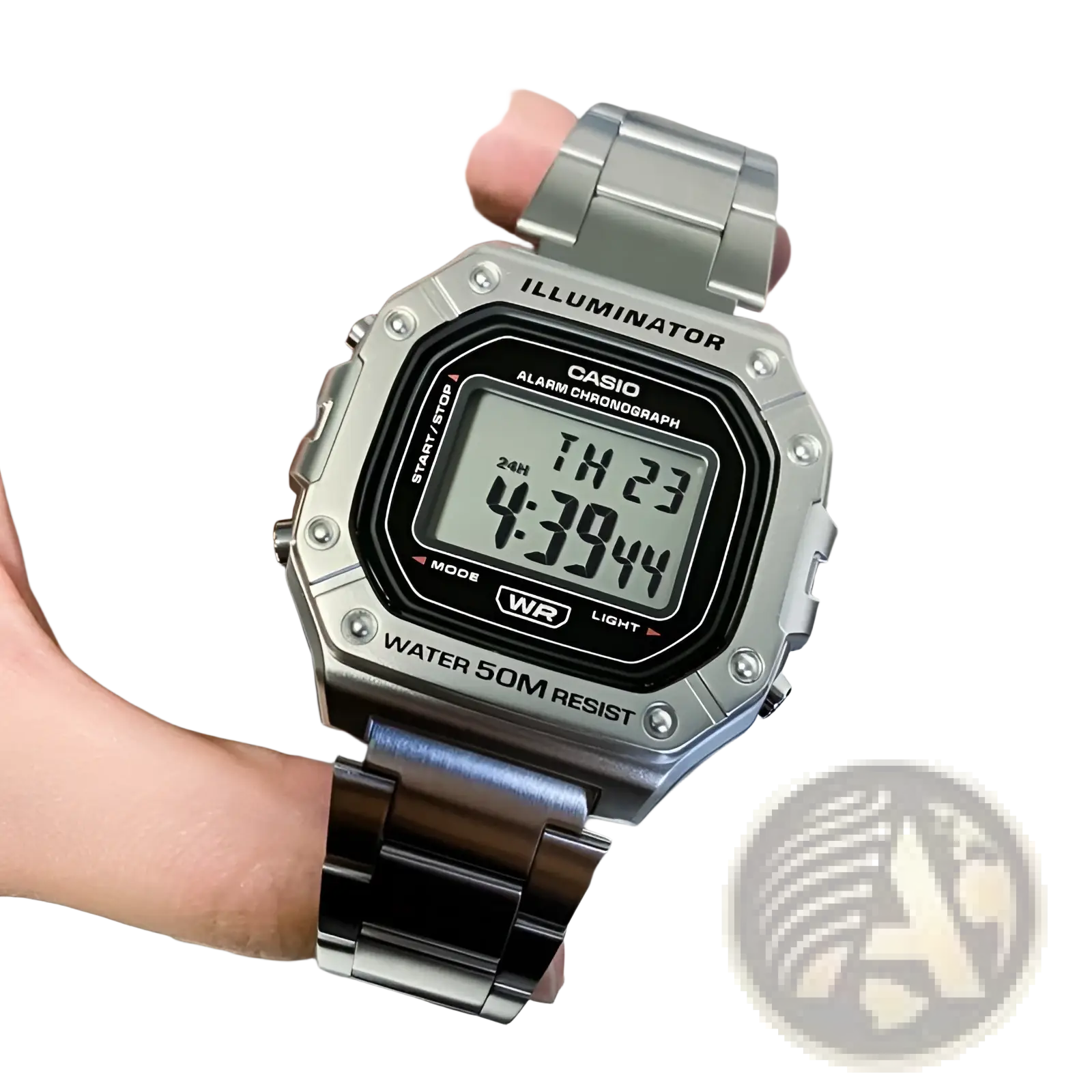 Casio silver digital watch w-218hd-1a with black rectangular display and stainless steel case