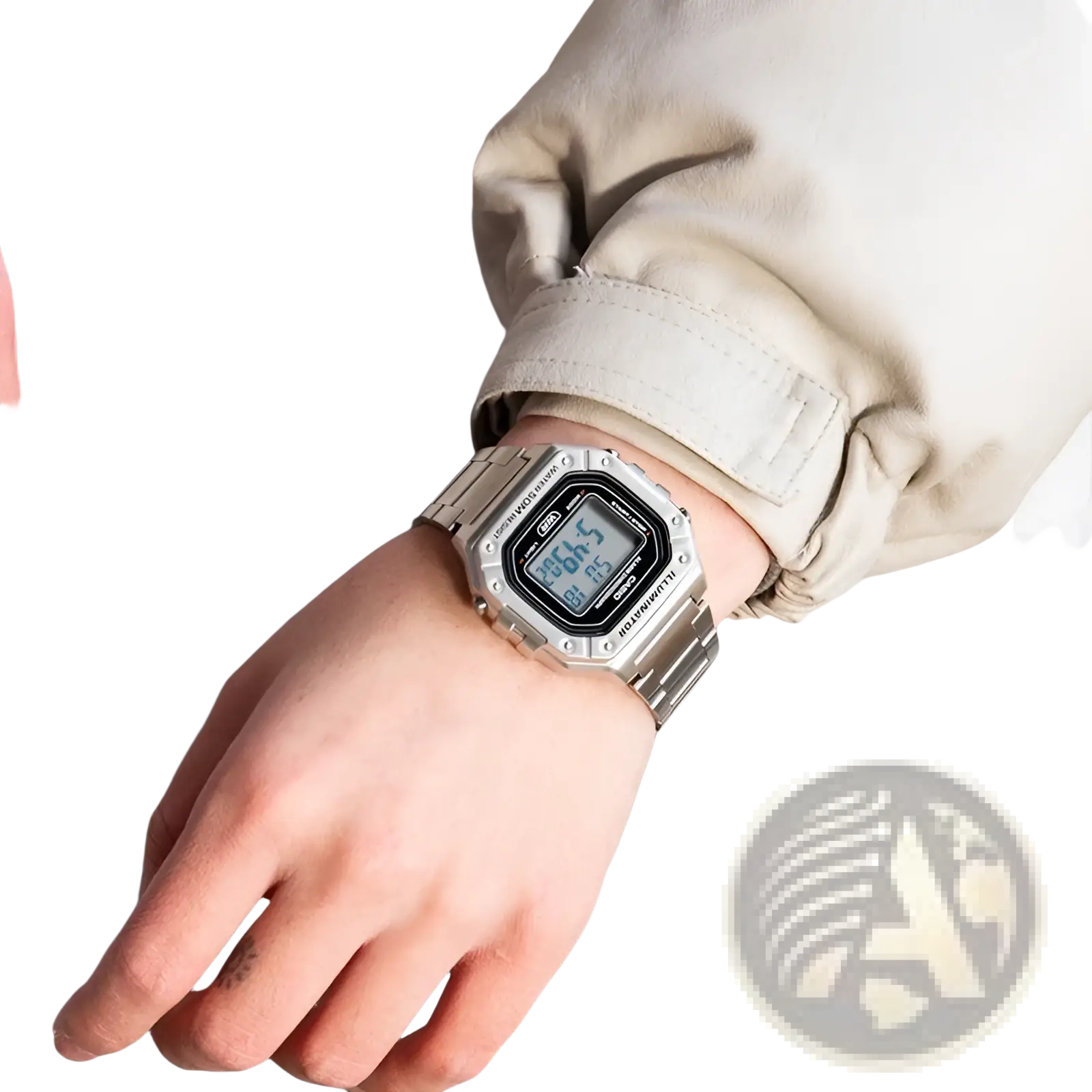 Casio silver digital watch W-218HD-1A with rectangular face bold black display stainless steel band